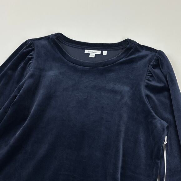 Chico's Zenergy Navy Velour Puffed Shoulder Long Sleeve Top NWT Size 1 Med - Picture 2 of 12